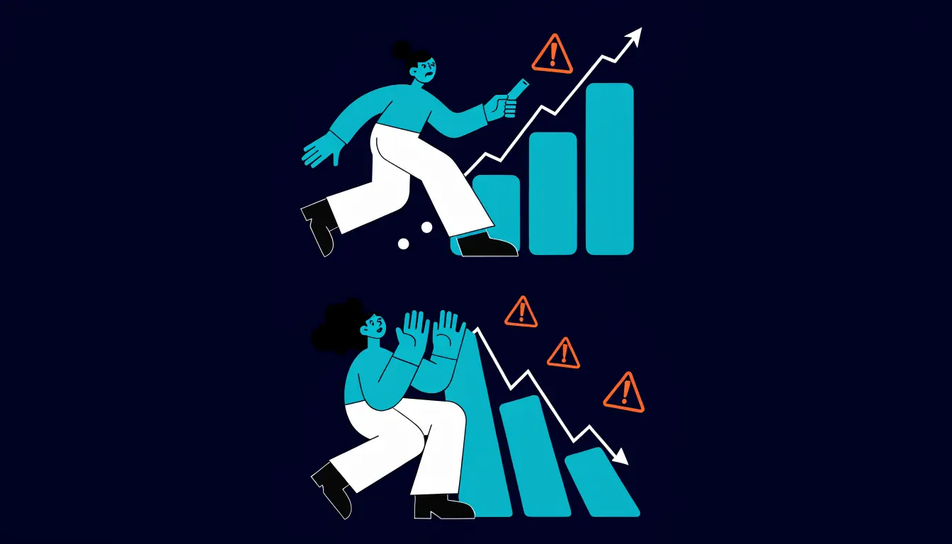 Emotional trading cycle showing a trader buying at the top of a price chart and panic selling at the bottom