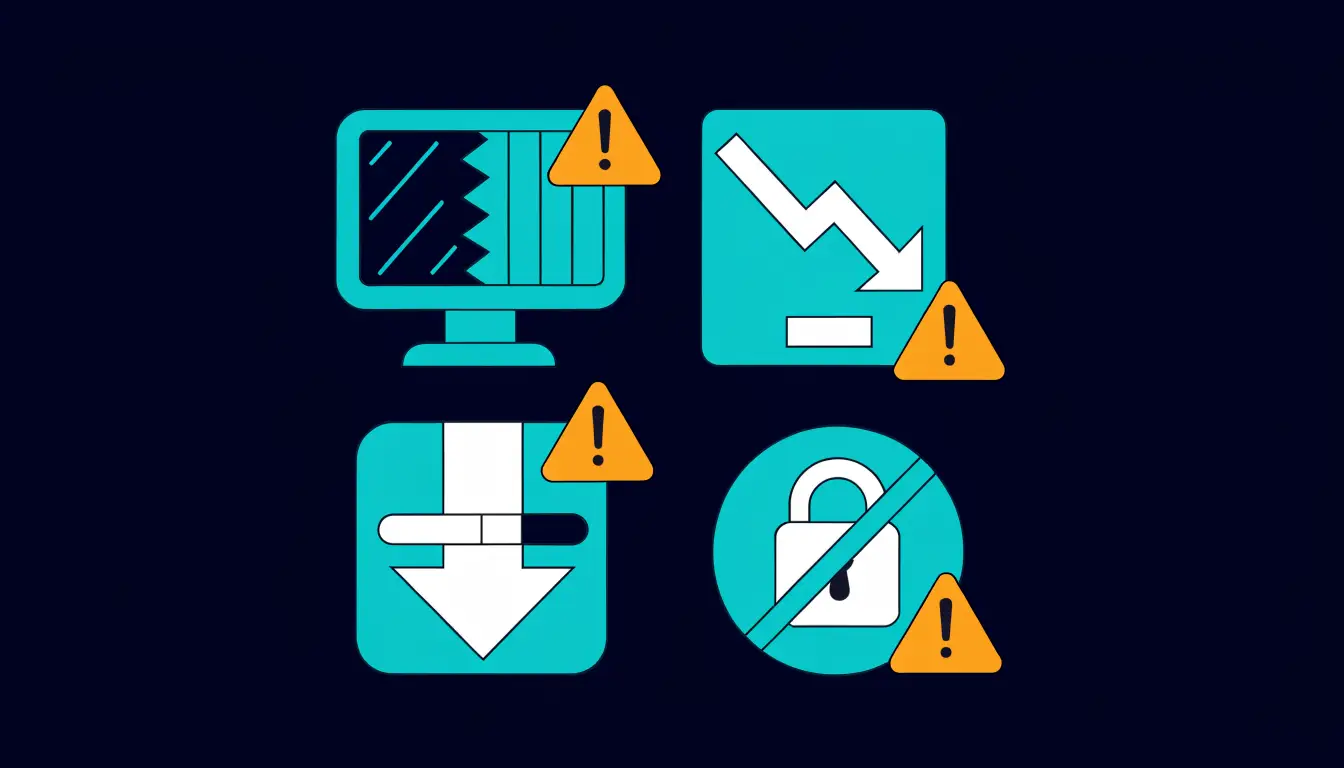 Icons showing the main centralized exchange risks: hacking, insolvency, frozen withdrawals, locked accounts, and regulatory action