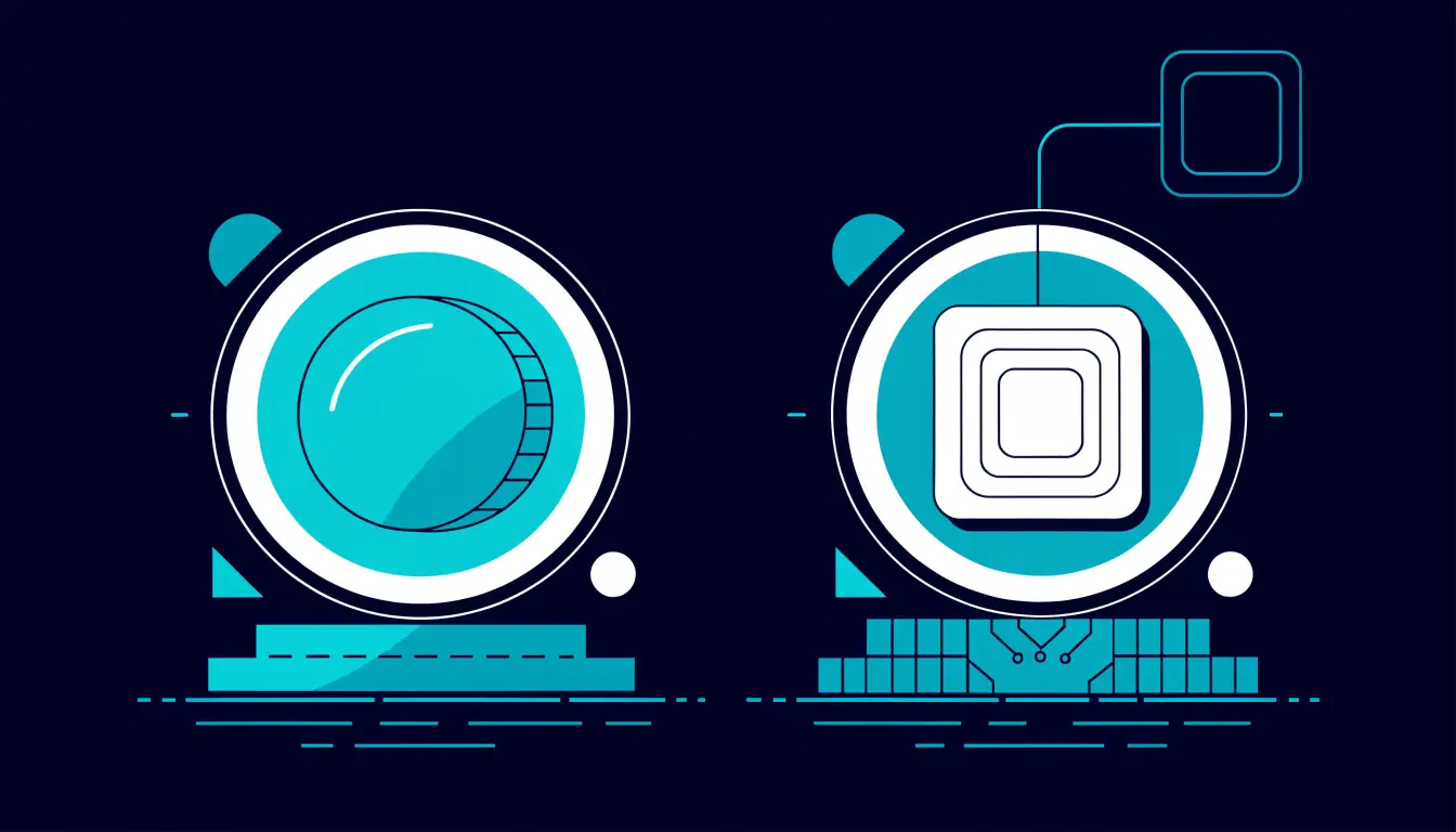 Diagram showing a coin as the native asset of its own blockchain and a token created by a smart contract on top of a host blockchain