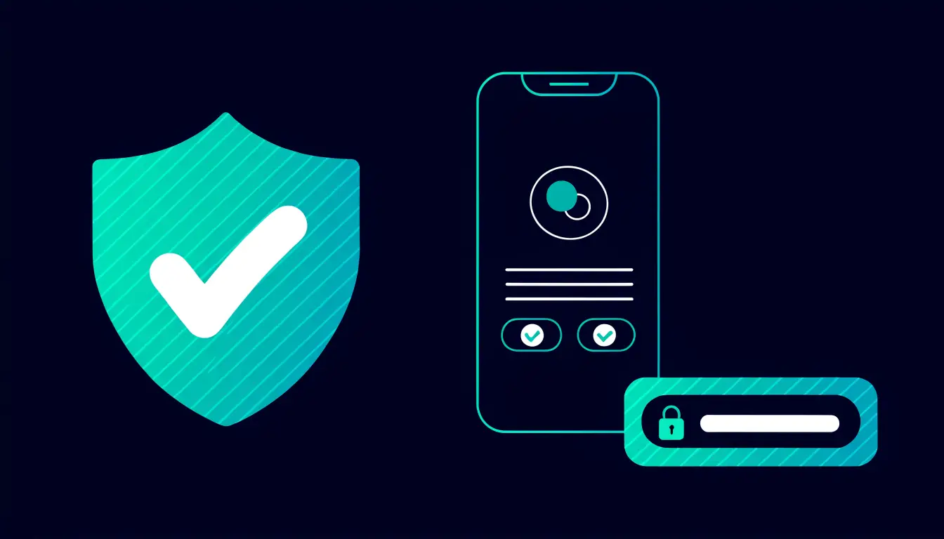 Protecting yourself from crypto scams: a security shield, two-factor authentication on a phone, and a verified website padlock