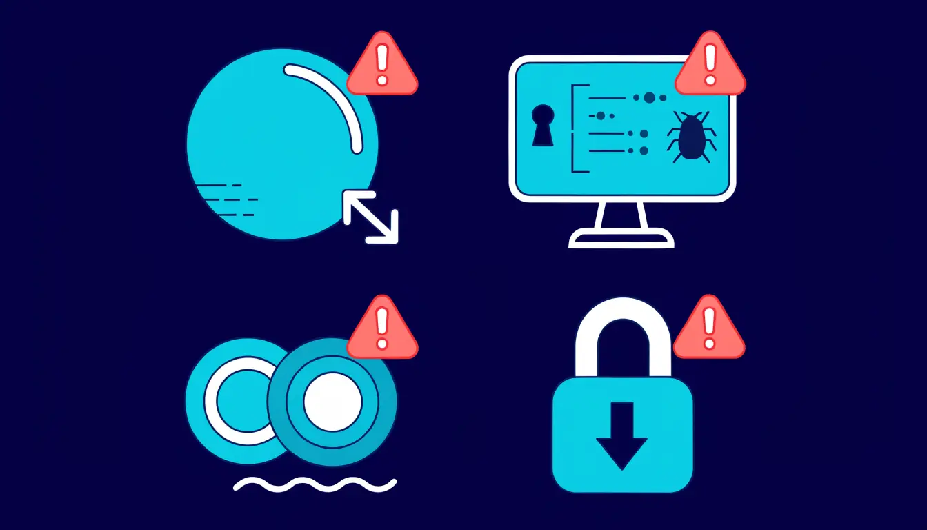 Warning signs illustrating crypto passive income risks: loss of principal, hacks, de-pegs, lockups, platform failure, and scams