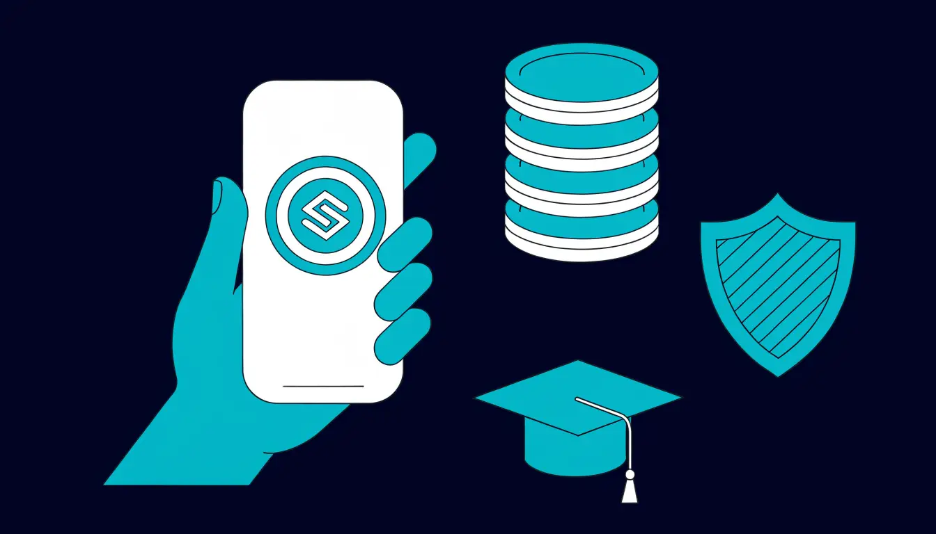 A beginner starting with a first $100 in crypto: a phone showing an exchange app, a small coin, and a hardware wallet on a desk