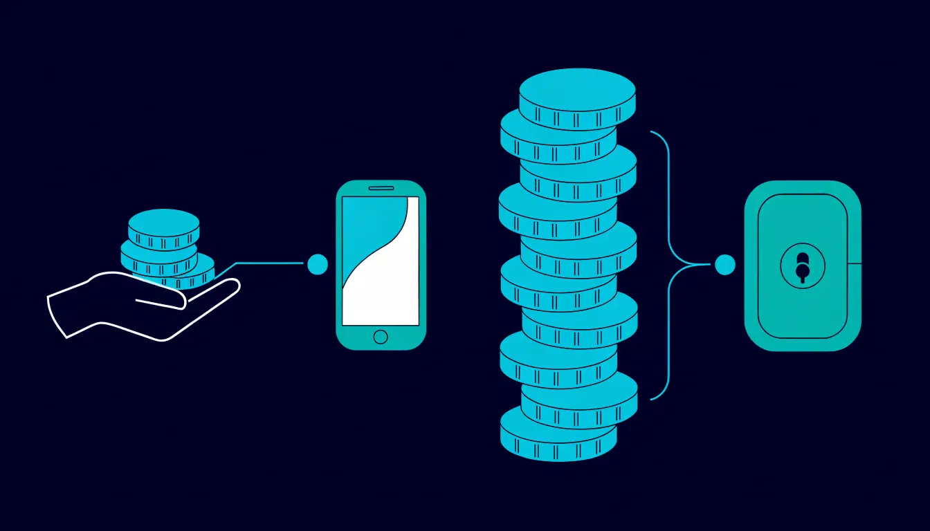 Decision guide showing a hot wallet for small everyday amounts and a cold wallet for larger long-term savings