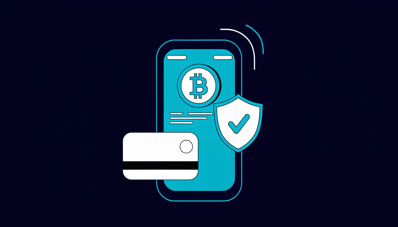 A beginner buying Bitcoin safely on a phone, with an exchange app, a payment card, and a secure wallet