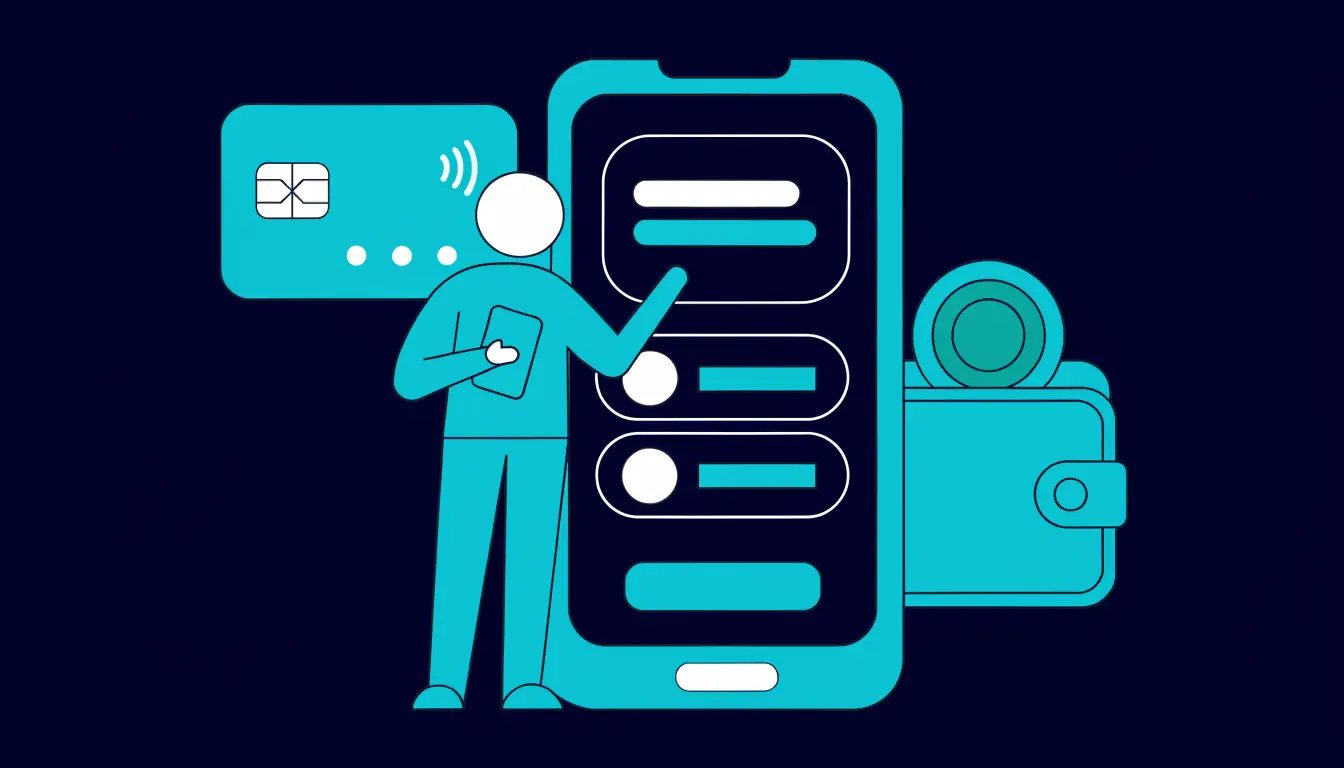 A beginner buying cryptocurrency on a phone: an exchange app, a payment card, and a secure wallet