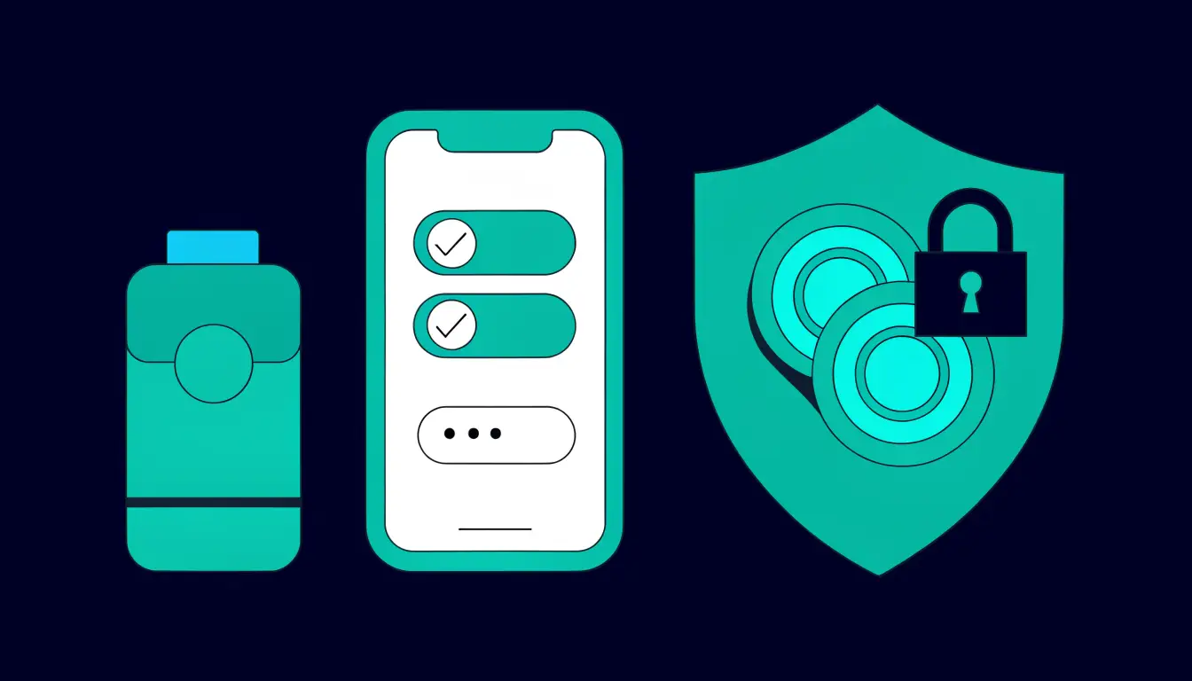 Securing crypto after buying: a hardware wallet, two-factor authentication on a phone, and coins protected inside a locked shield