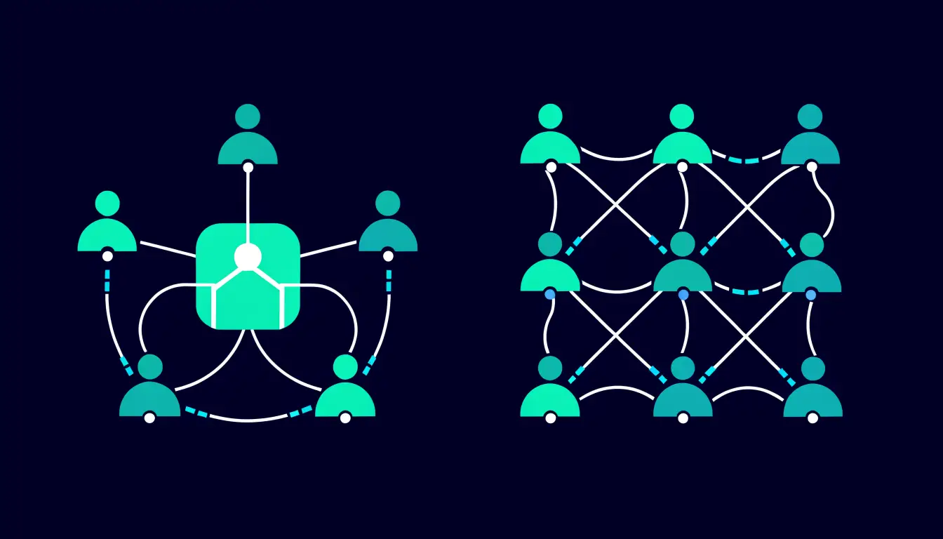 Centralized vs decentralized exchange: a central company hub on one side and a peer-to-peer wallet-to-wallet network on the other