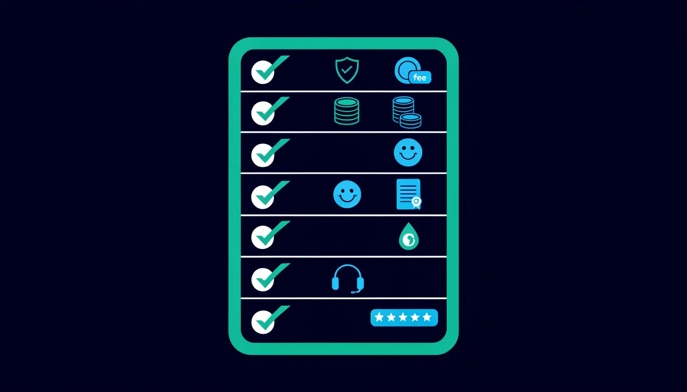 A checklist of the eight criteria for choosing a crypto exchange: security, fees, coins, ease of use, regulation, liquidity, support, and reputation