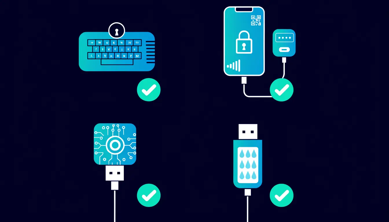 Crypto security best practices: a strong password, an authenticator app 2FA code, and a warning against SMS codes