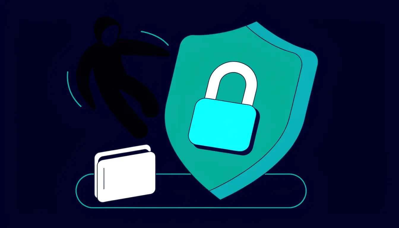 A crypto wallet protected by a shield, padlock, and two-factor authentication code, blocking a hacker's attempts