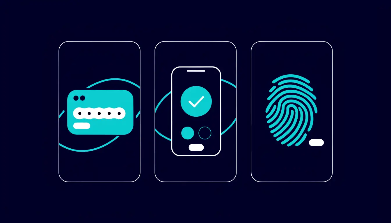The three types of 2FA factors shown side by side: something you know (password), something you have (authenticator app), and something you are (fingerprint)