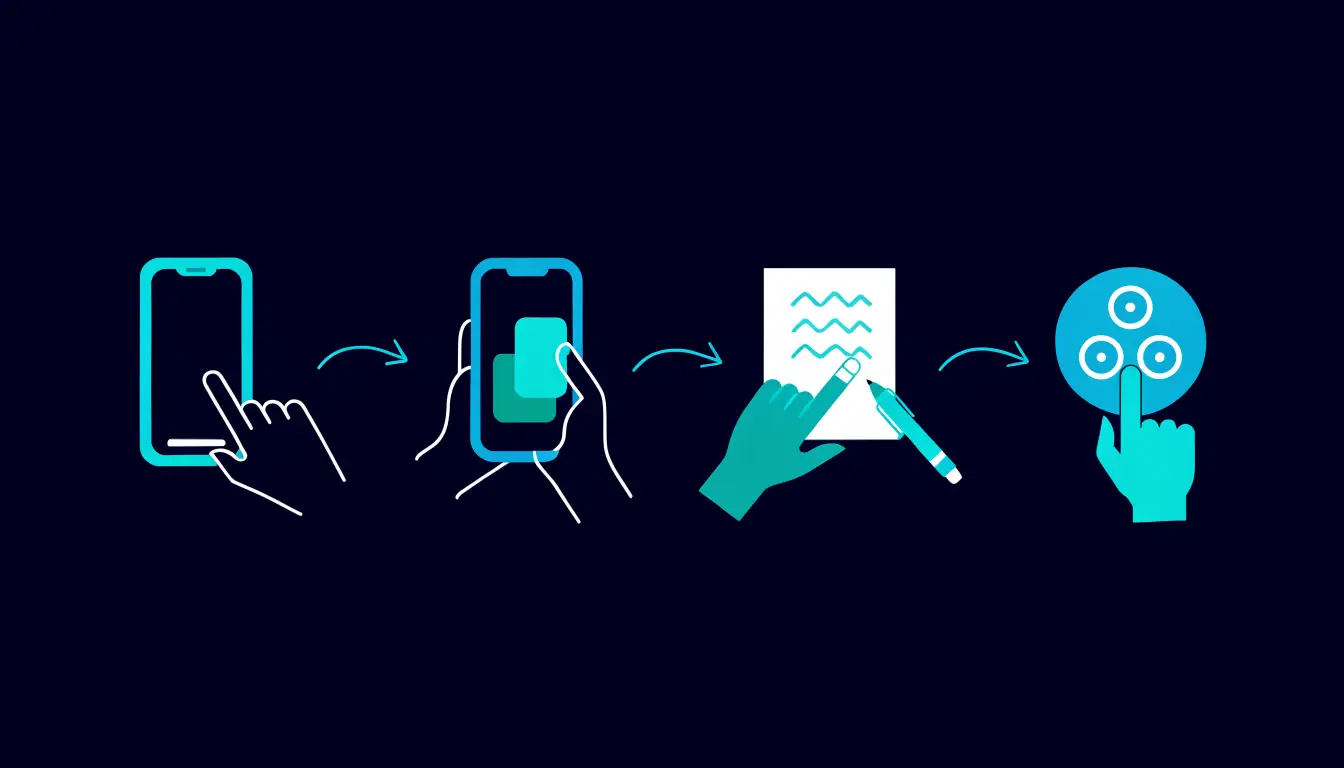 A flow diagram of six crypto wallet setup steps from downloading the app to receiving a test amount