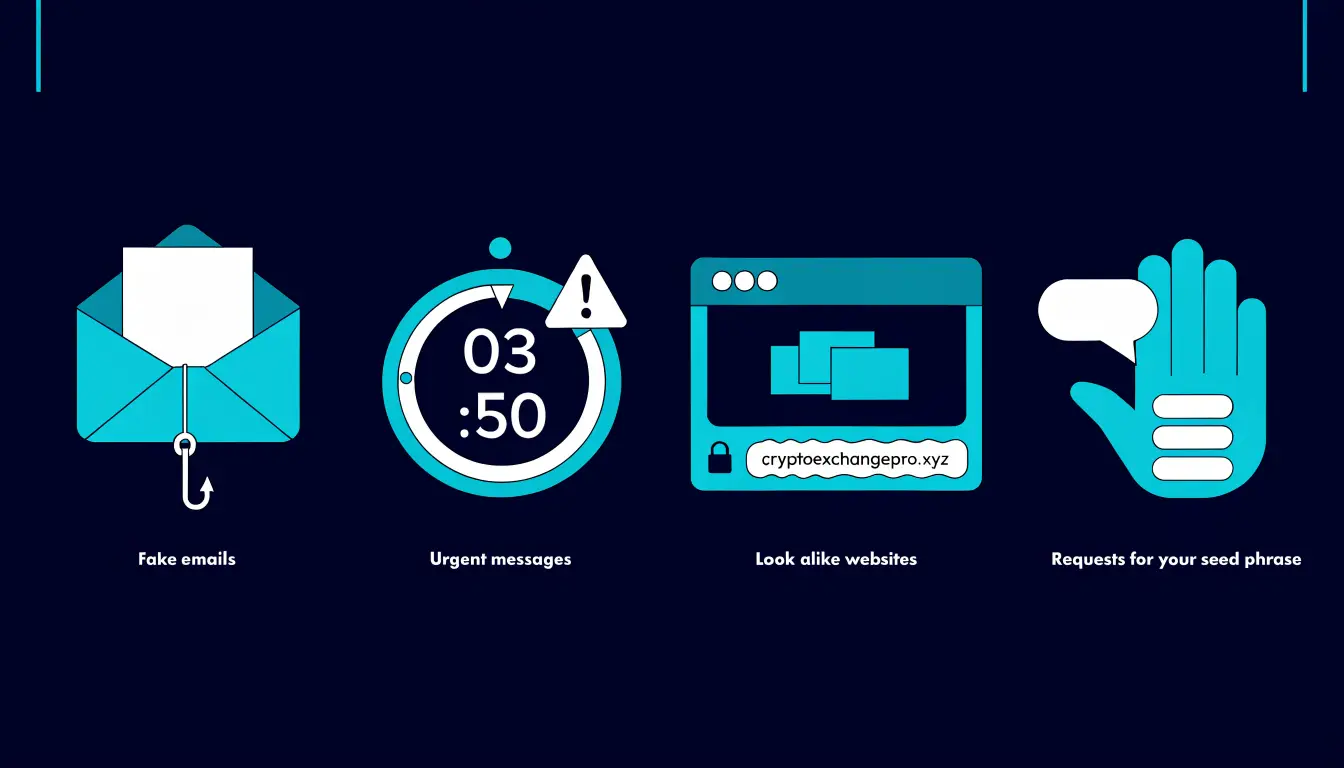 Examples of crypto phishing: a fake support DM, a look-alike login page, and a wallet pop-up asking for a seed phrase, each marked with a warning sign