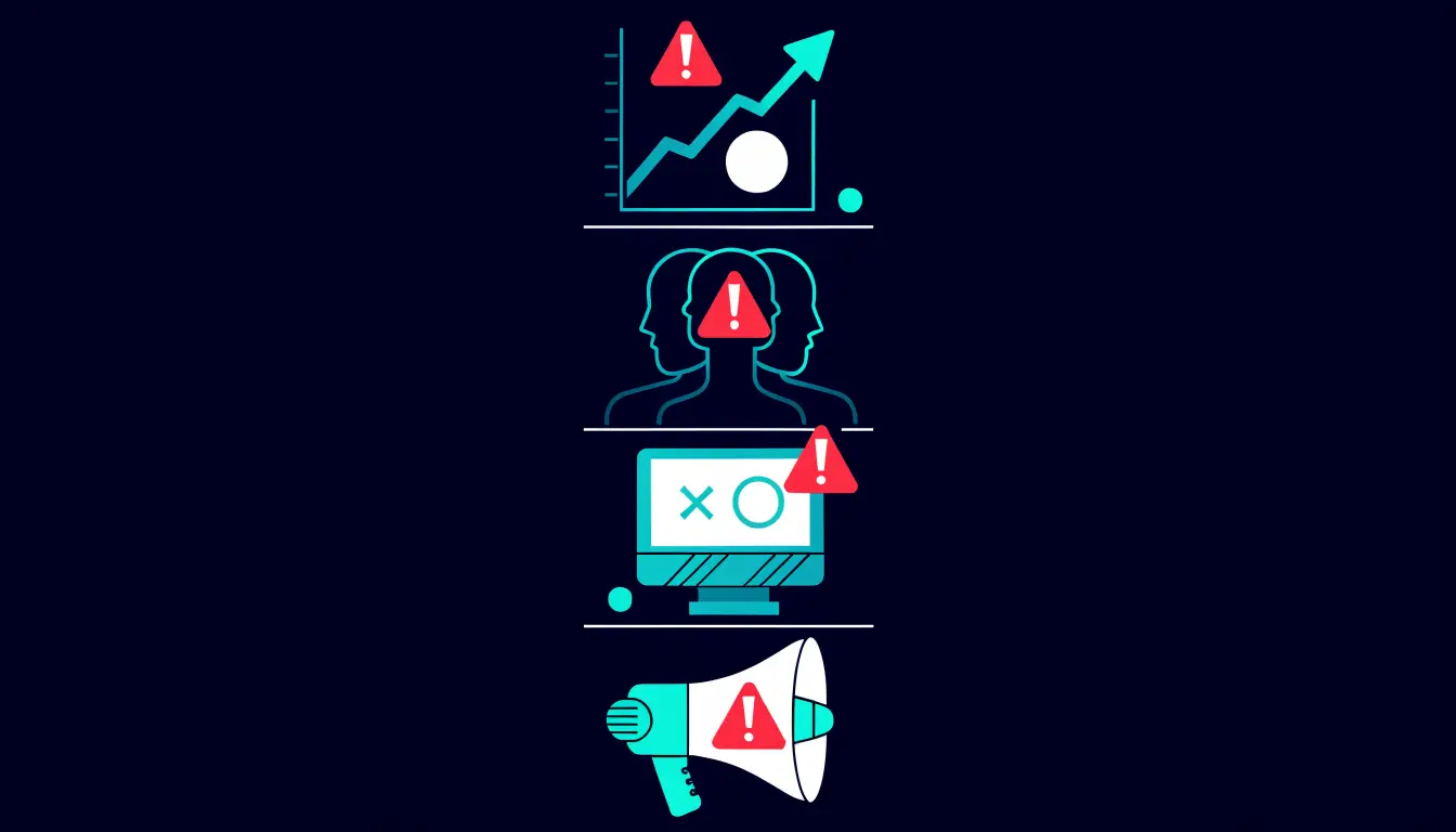 Warning-sign icons showing crypto scam red flags: guaranteed returns, an anonymous team, urgency, and paid celebrity hype