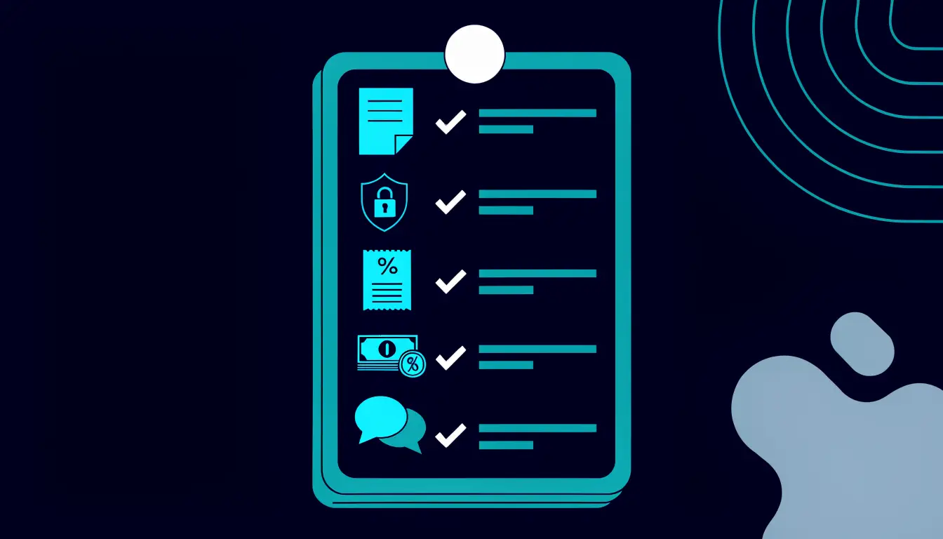 A checklist for verifying a crypto exchange, listing official website, regulation, security, fees, reserves, reviews, support, and track record