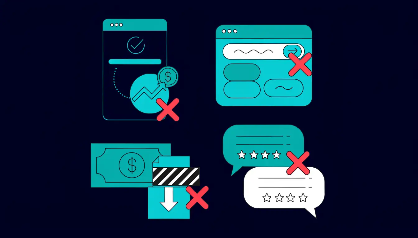 Warning signs of a fake crypto exchange, including guaranteed returns, high-pressure tactics, a look-alike web address, and blocked withdrawals