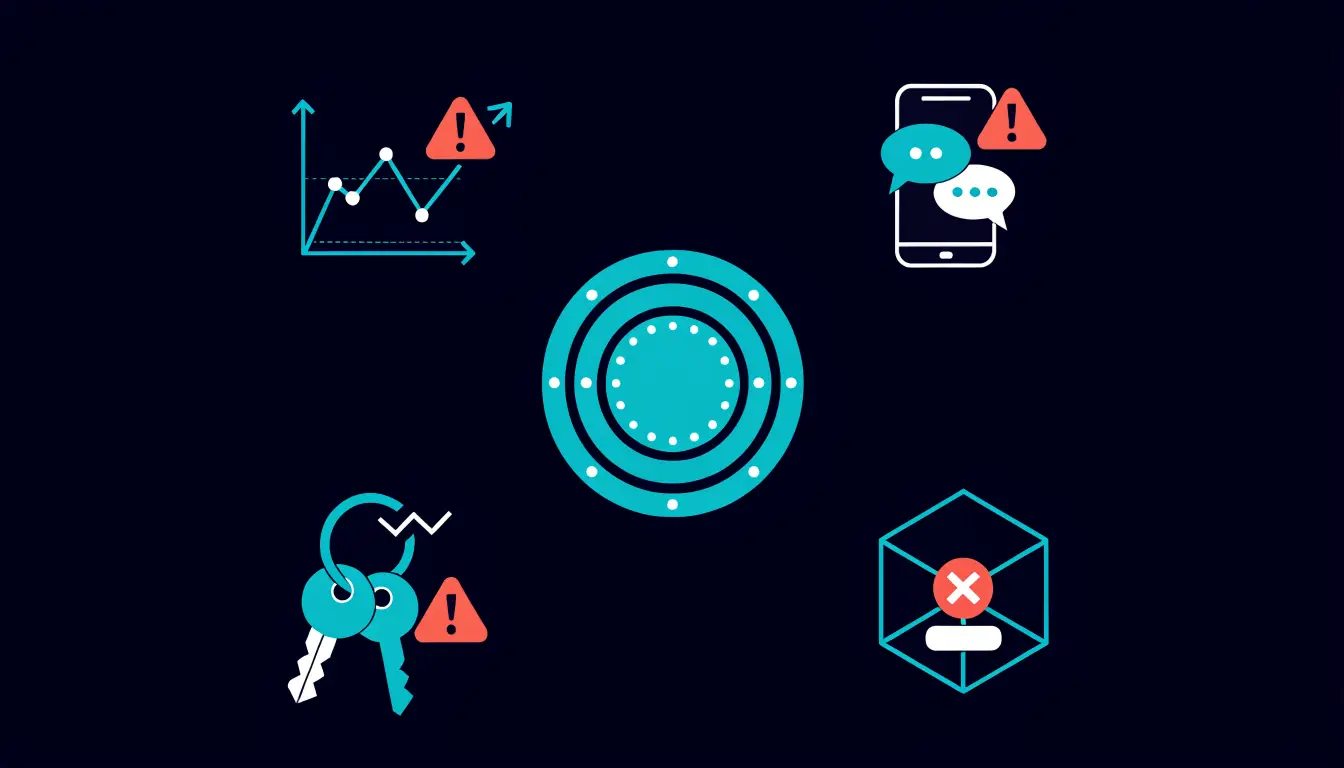 Diagram contrasting a secure blockchain network with the real-world risks of scams, user mistakes, and exchange failures