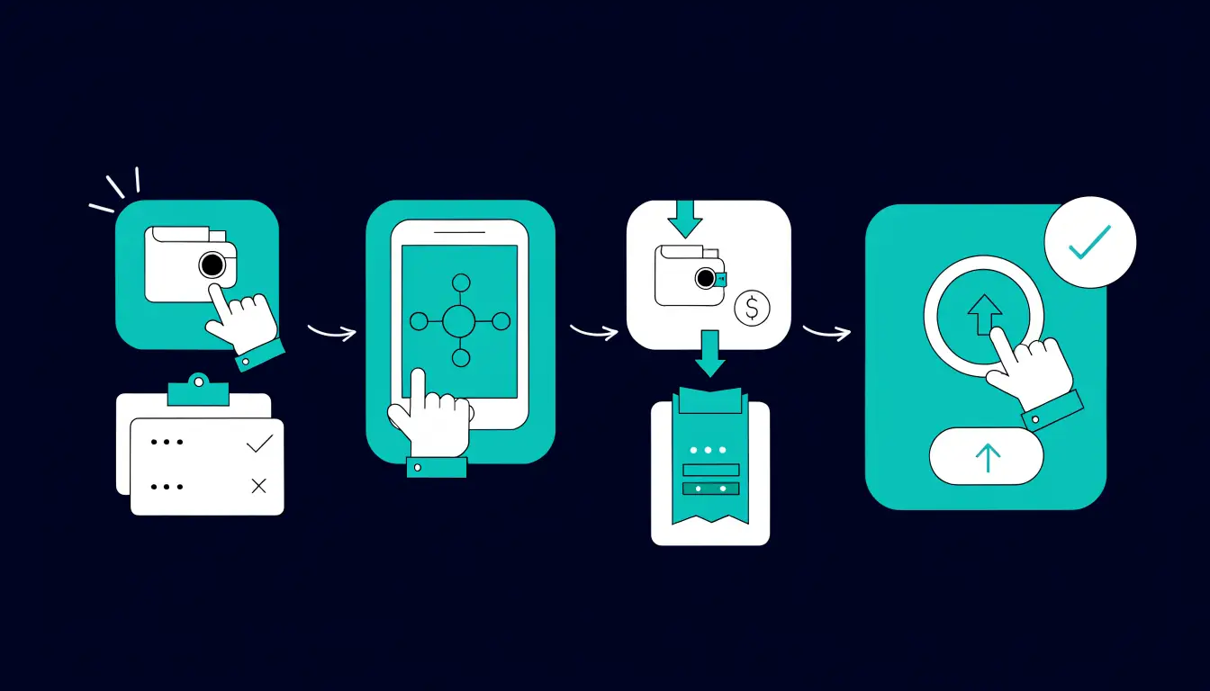 Flow diagram of moving crypto: copy wallet address, match the network, enter amount, send a small test, confirm it arrived, then send the rest