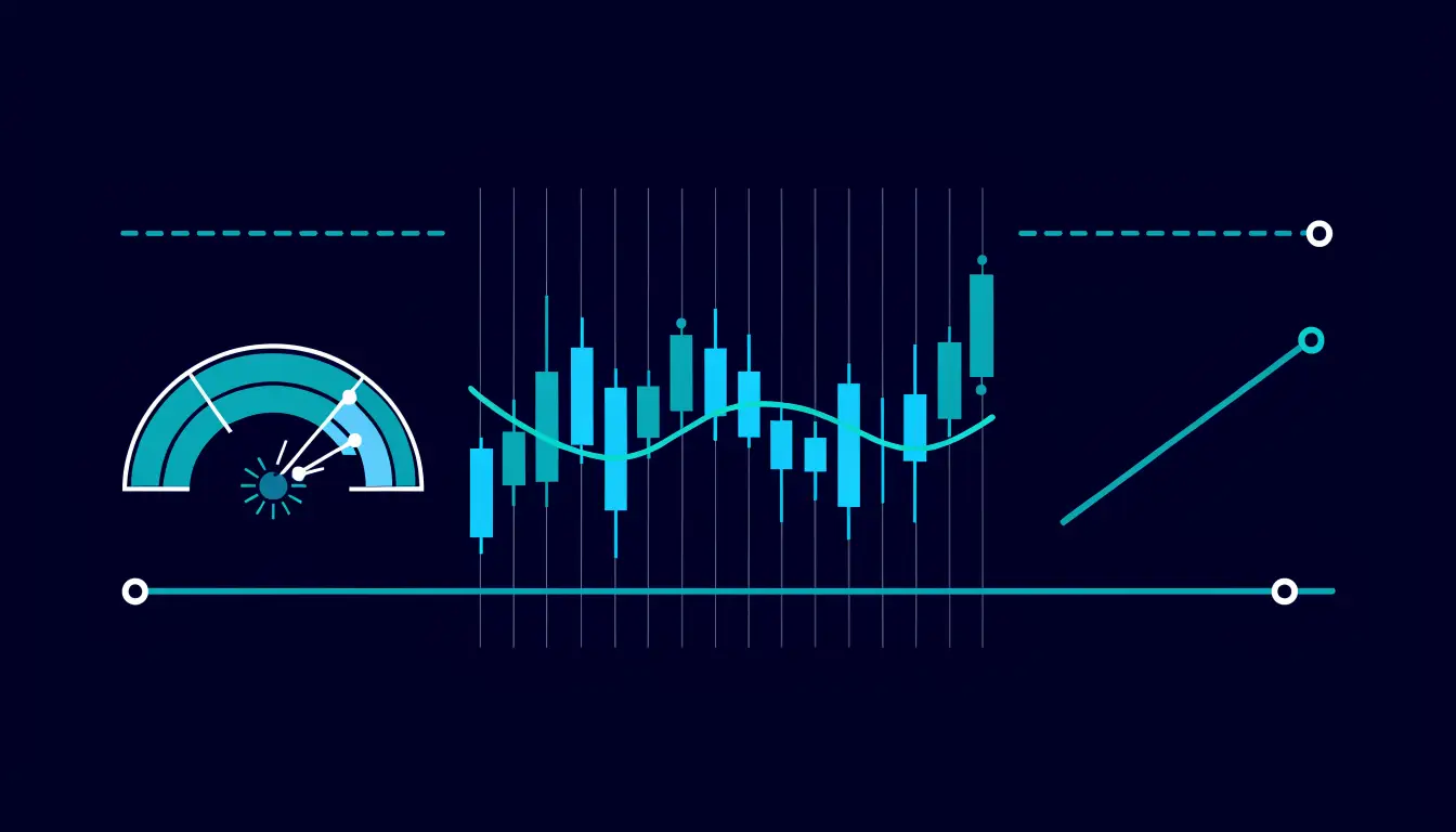 Labelled diagram of the core building blocks of technical analysis: candlesticks, a trend, support and resistance zones, and volume bars