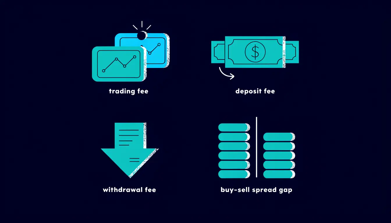 Diagram of the main crypto exchange fees: trading fees, deposit fees, withdrawal network fees, spread, and conversion fees