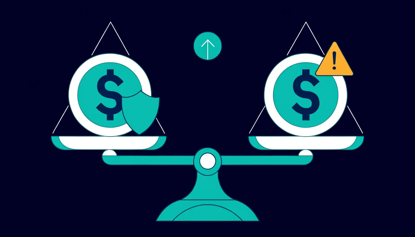 Balance scale weighing USDT against USDC with a question mark, representing the trade-offs in stablecoin safety