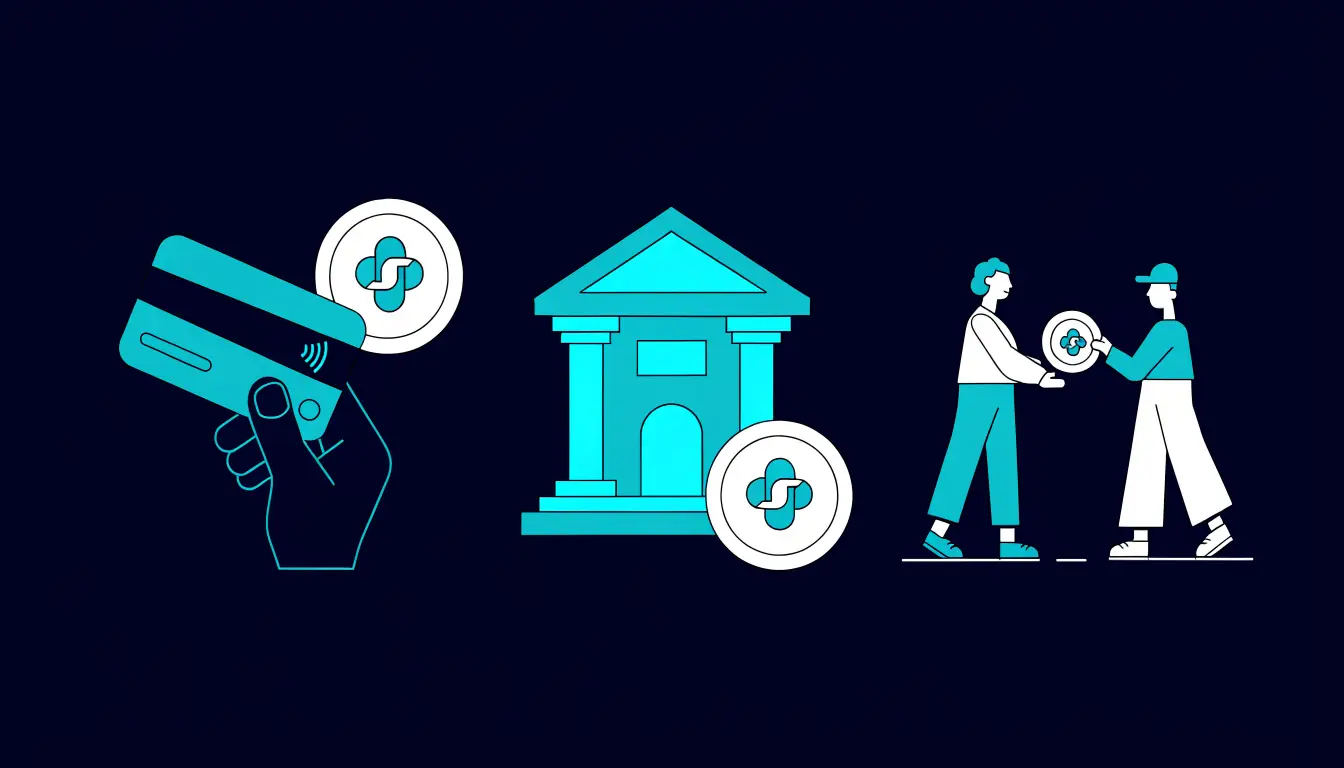 Three ways to buy crypto shown side by side: a debit or credit card, a bank transfer, and a peer-to-peer trade between two people