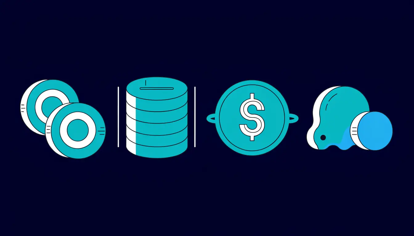 Five labelled groups of altcoins: payment coins, smart-contract platforms, stablecoins, utility tokens, and meme coins