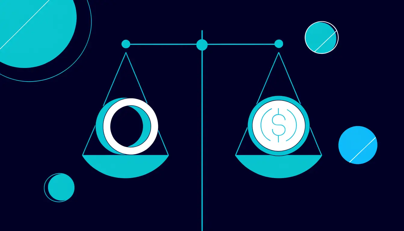 A stablecoin token balanced on scales equal to a one-dollar coin, symbolizing a stable dollar peg