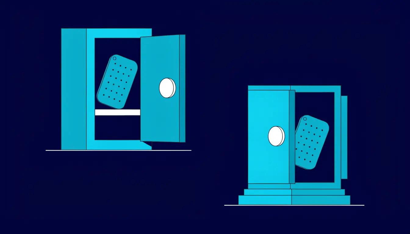 A metal seed phrase backup, a paper copy in a safe, and a padlock icon representing steps to protect crypto wallet access