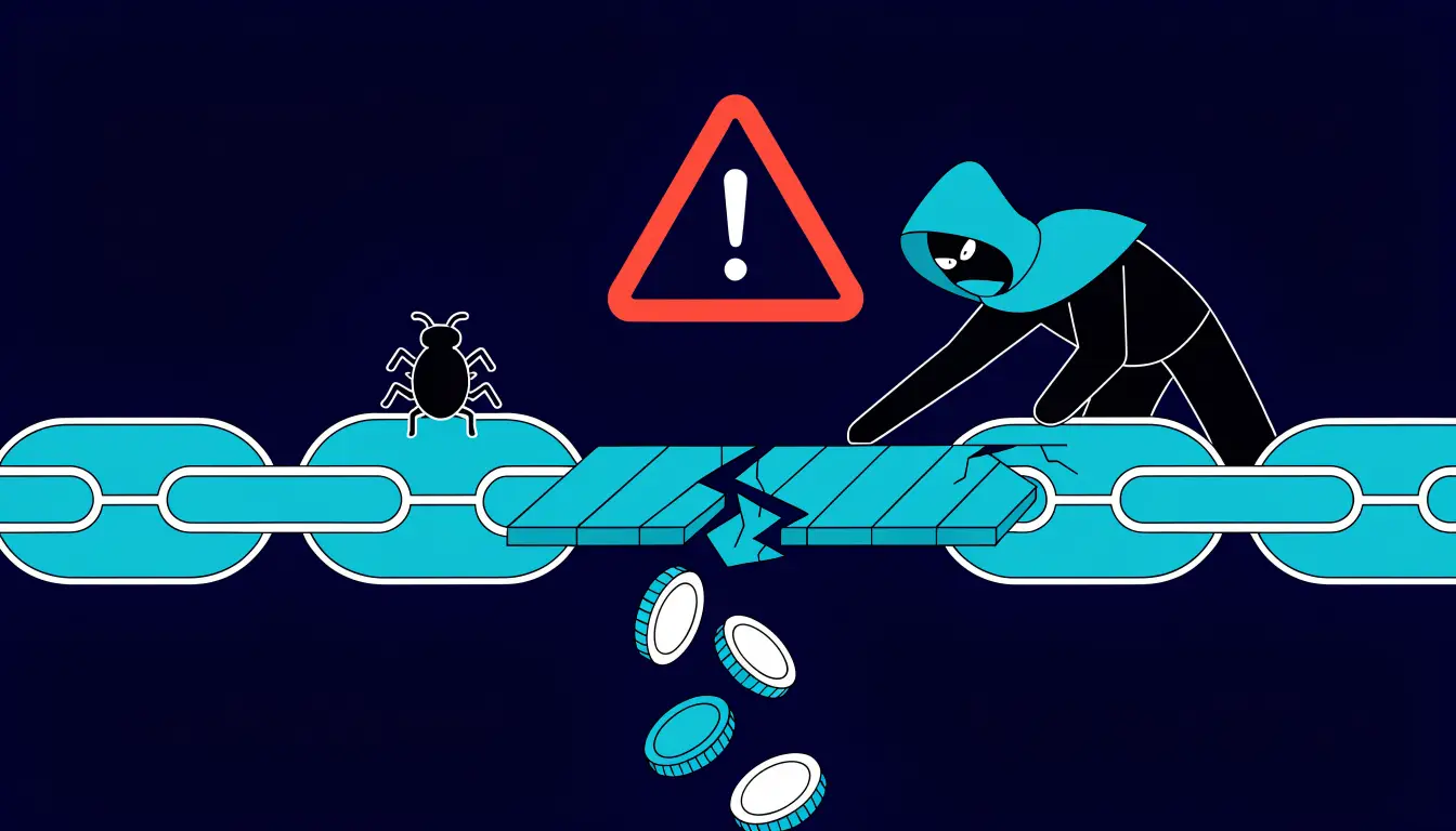 Warning graphic showing a cracked blockchain bridge with a hacker draining locked funds, illustrating smart-contract and hack risk