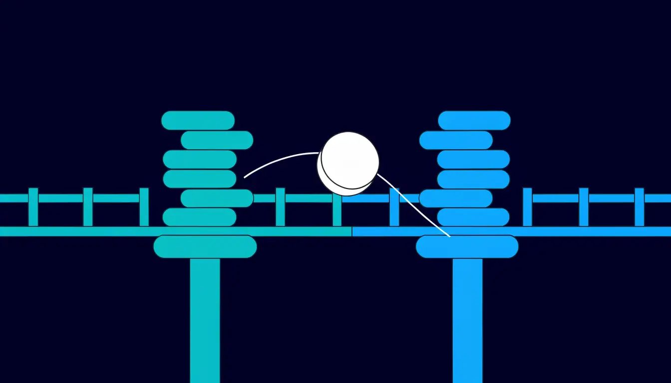 A blockchain bridge shown as a link between two separate blockchain networks, moving a crypto token from one chain to the other