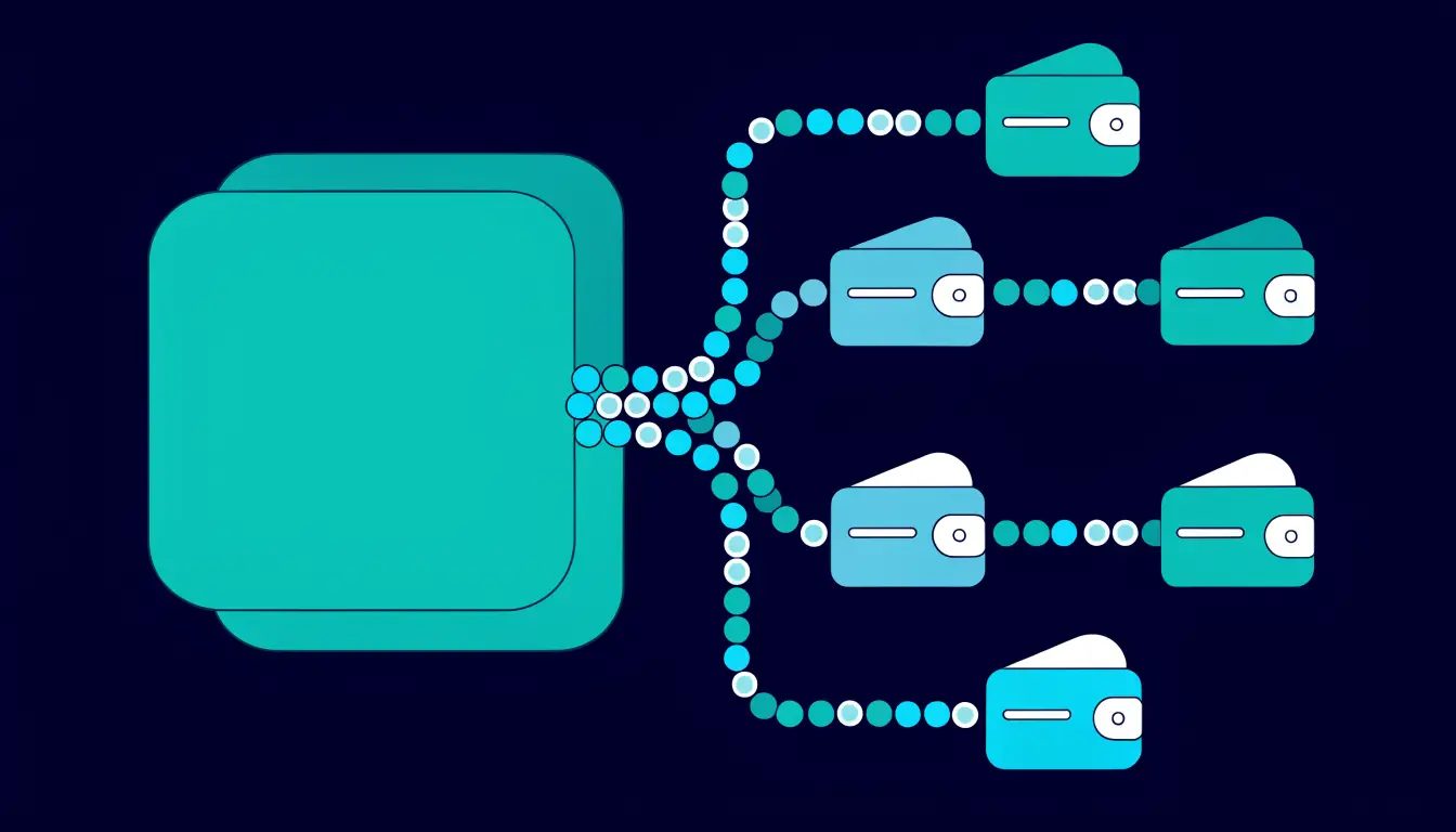 Diagram showing a crypto project sending free tokens from a smart contract to many user wallets