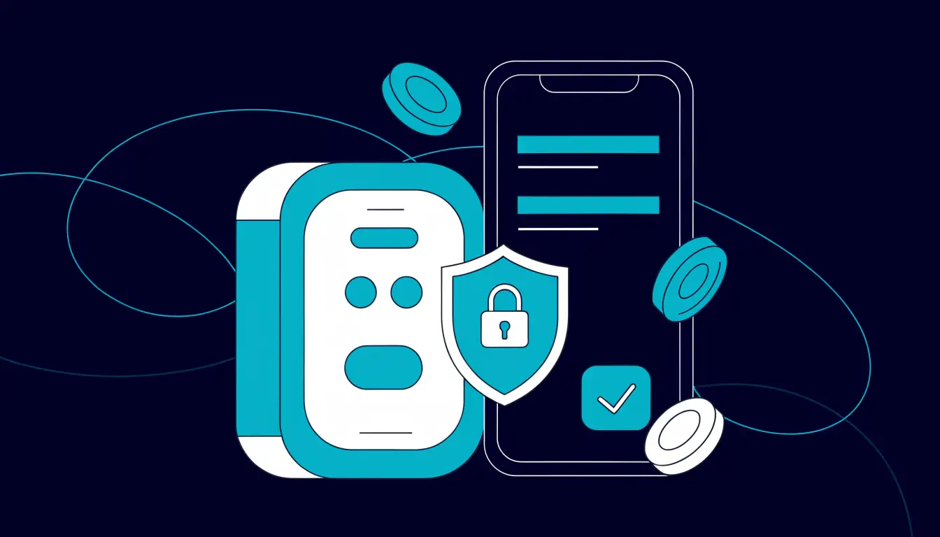 Illustration of a crypto wallet for beginners: a hardware wallet, a phone wallet app and a security shield