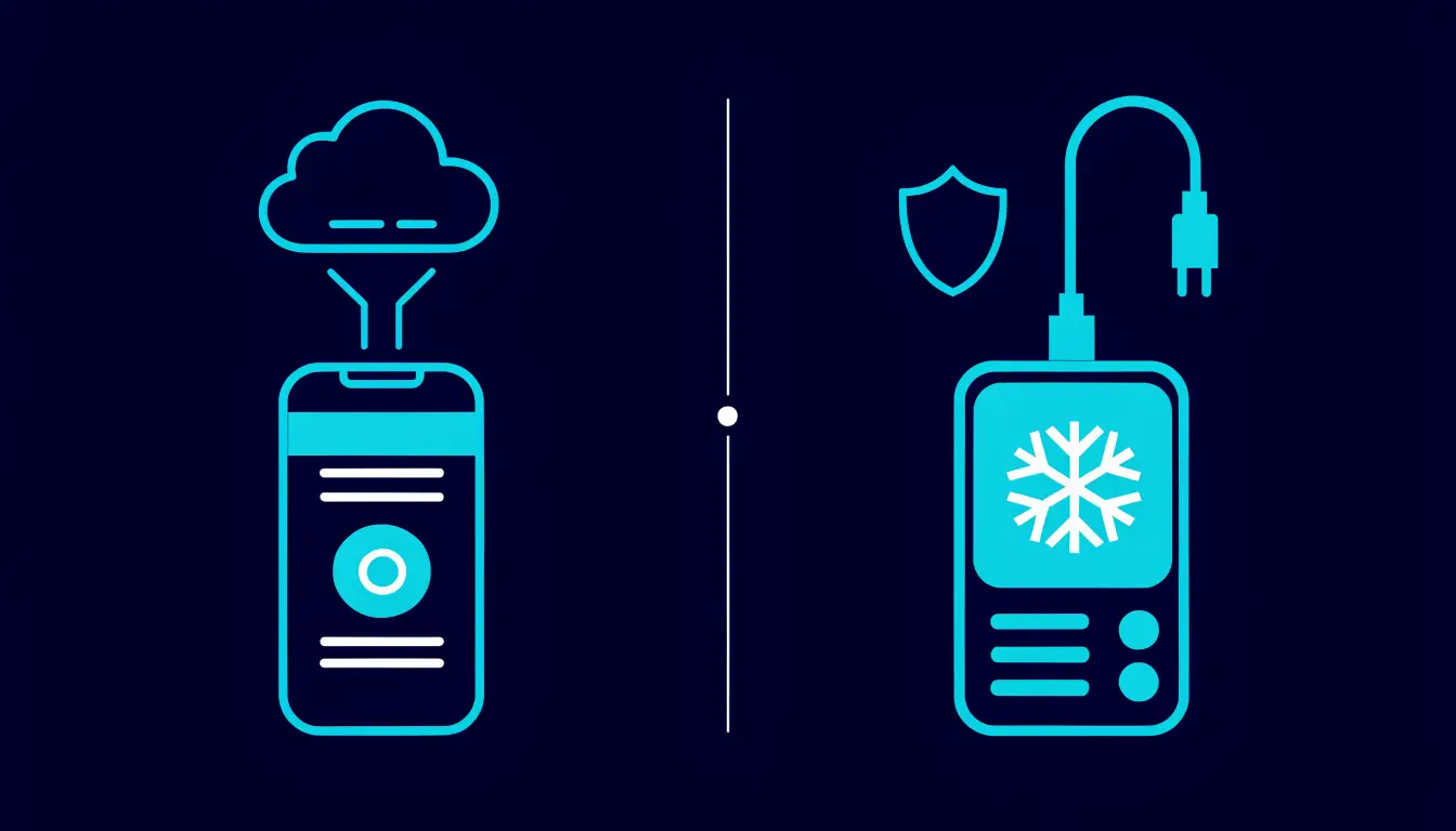 Comparison of hot vs cold crypto wallet types: an online phone app wallet beside an offline hardware wallet