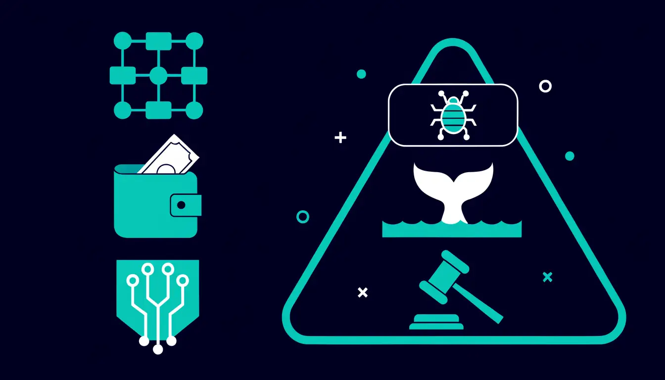 Illustration of DAO risks: a smart-contract bug, a whale holding most of the vote, legal uncertainty, and scam warning signs