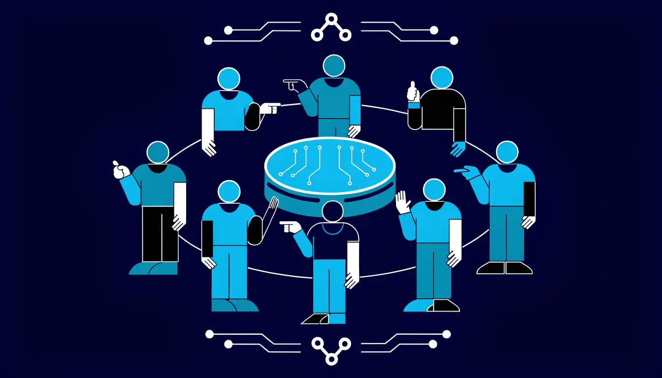 A DAO shown as a group of members voting together on a shared decision, with no central boss in the middle