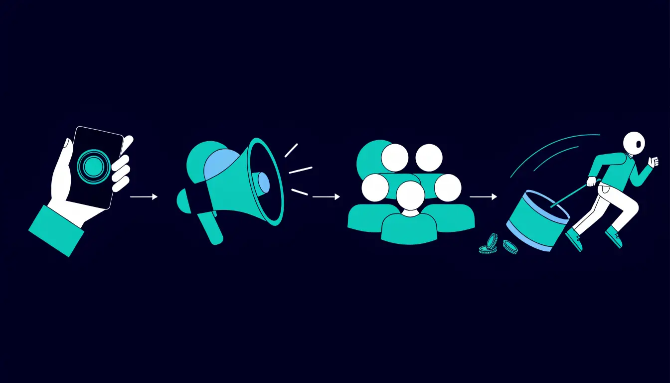 Flow diagram of how a rug pull works: create a token, add liquidity, hype it, attract buyers, pull liquidity, then disappear
