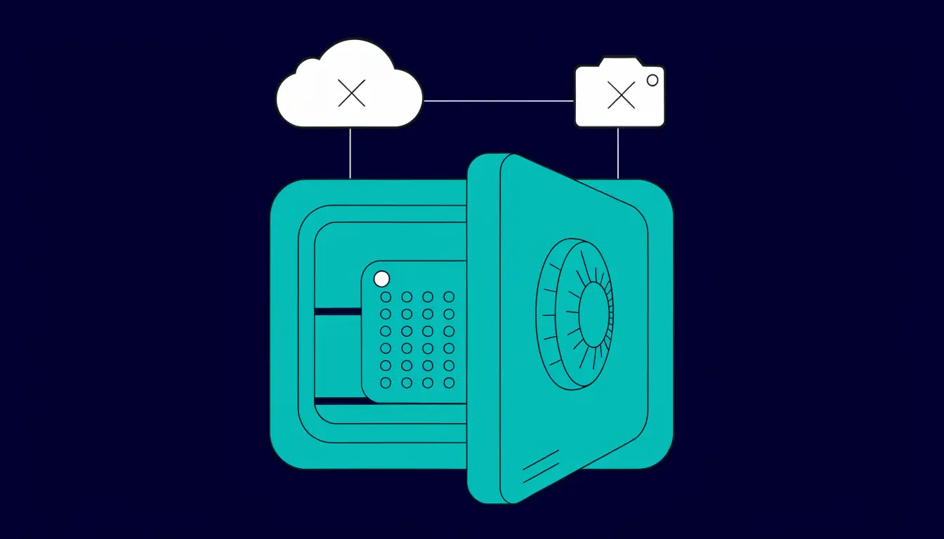 A metal seed-phrase backup plate stored in a safe, kept away from the cloud and cameras, illustrating offline storage