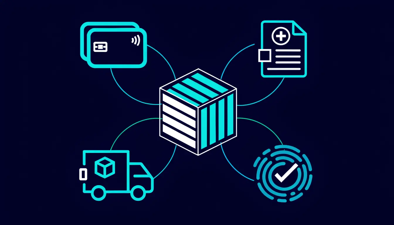 Blockchain use cases radiating from a central block: digital payments, supply-chain tracking, medical records, and voting