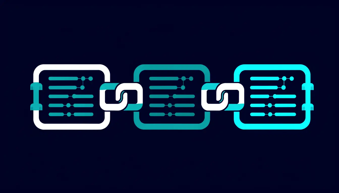 Three data blocks in a row, each linked to the previous block, showing how a blockchain chains blocks together