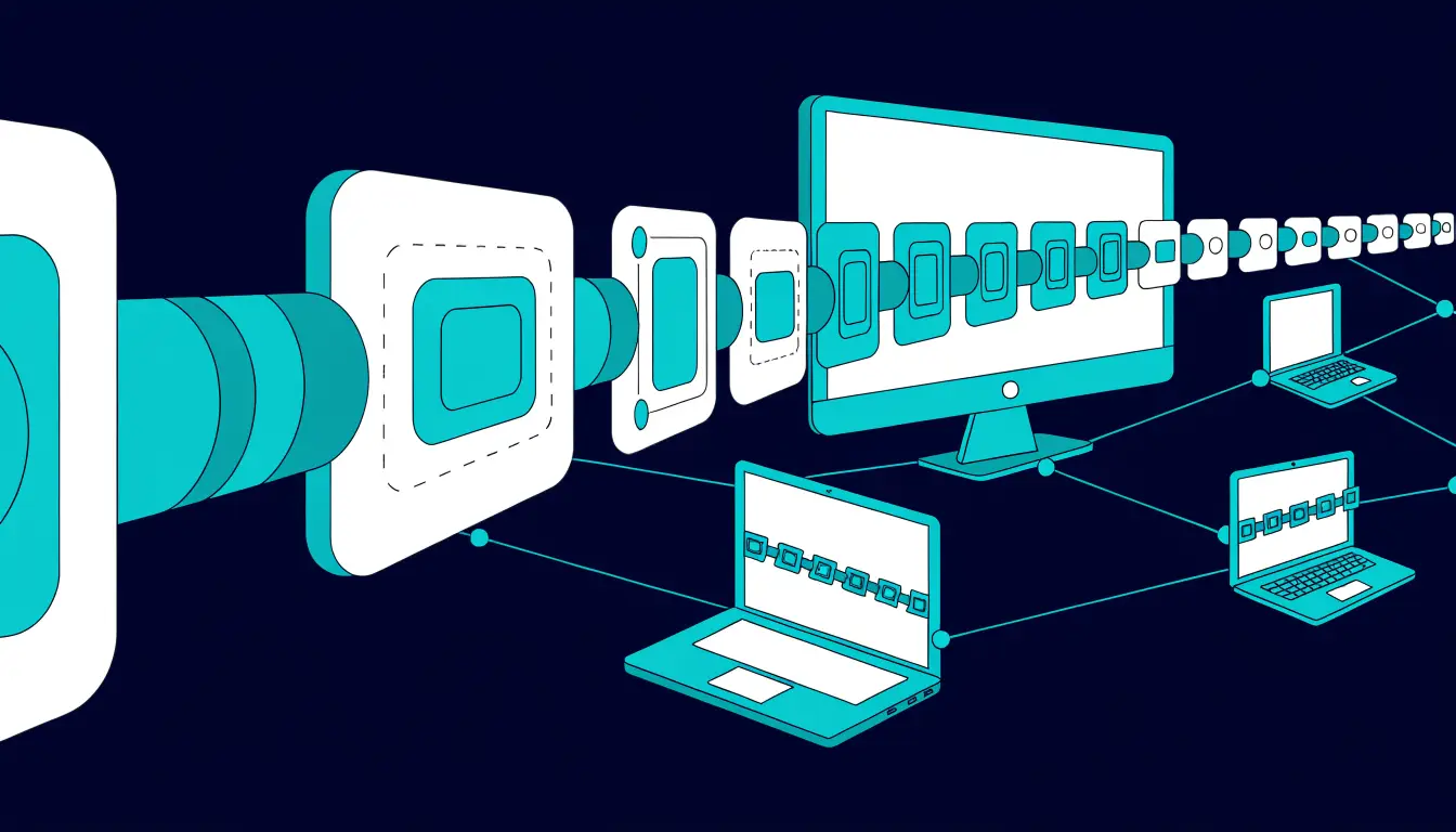 A chain of linked digital blocks shared across many connected computers, illustrating a distributed blockchain