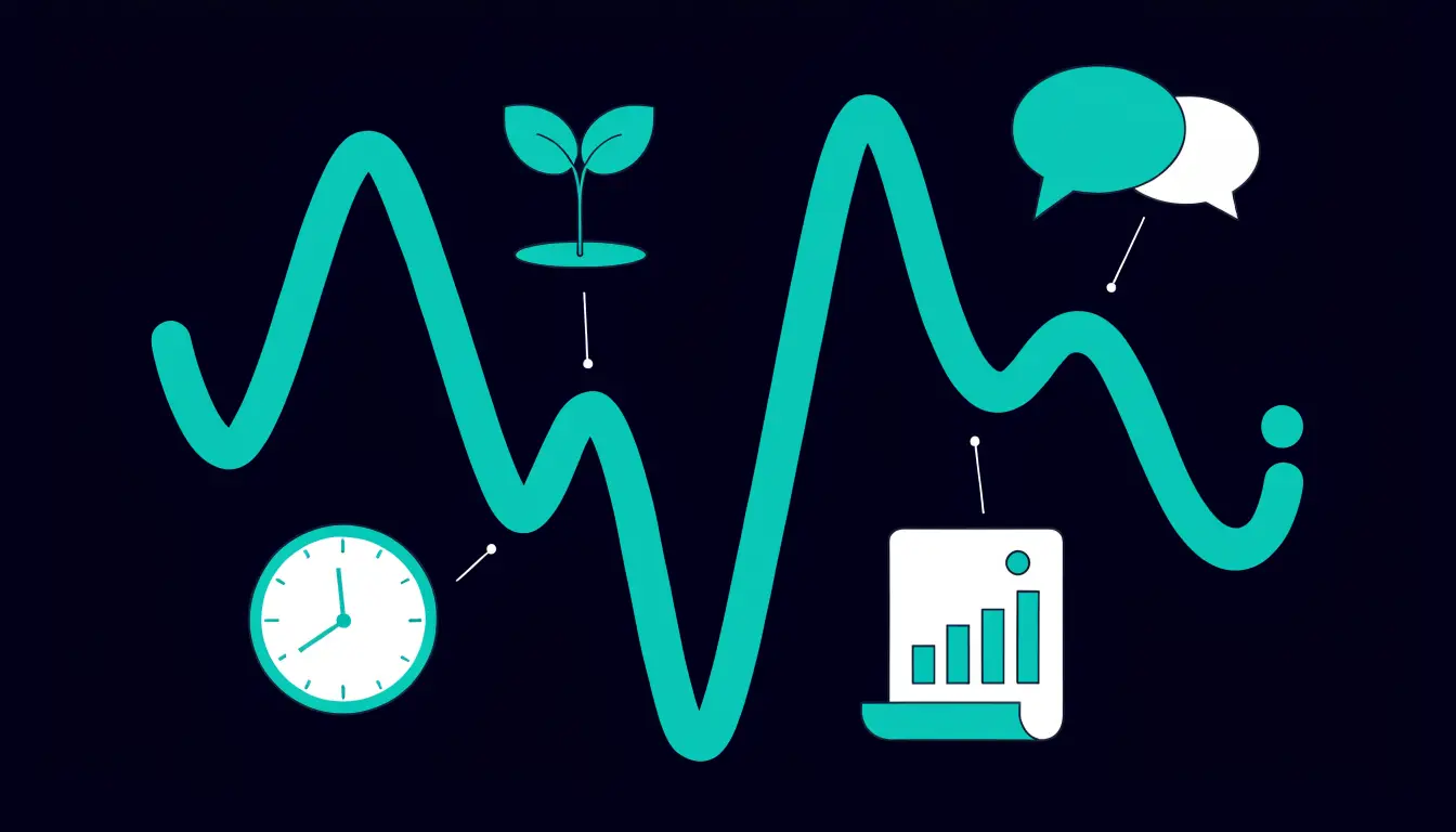 Illustration of the main drivers of crypto volatility: a young market, speculation, 24/7 trading, news and sentiment, and low liquidity