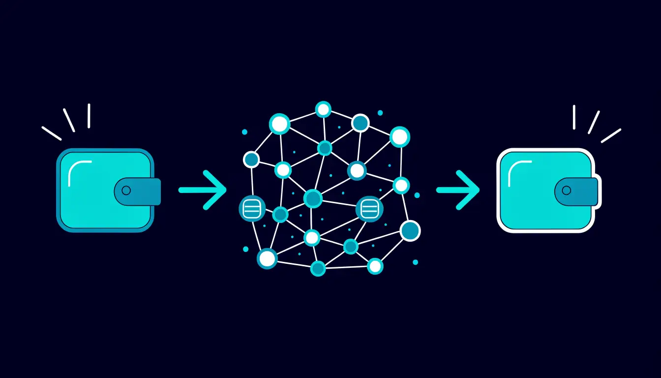 Flow diagram of a crypto payment moving from the sender's wallet, through the blockchain network, to the receiver's wallet