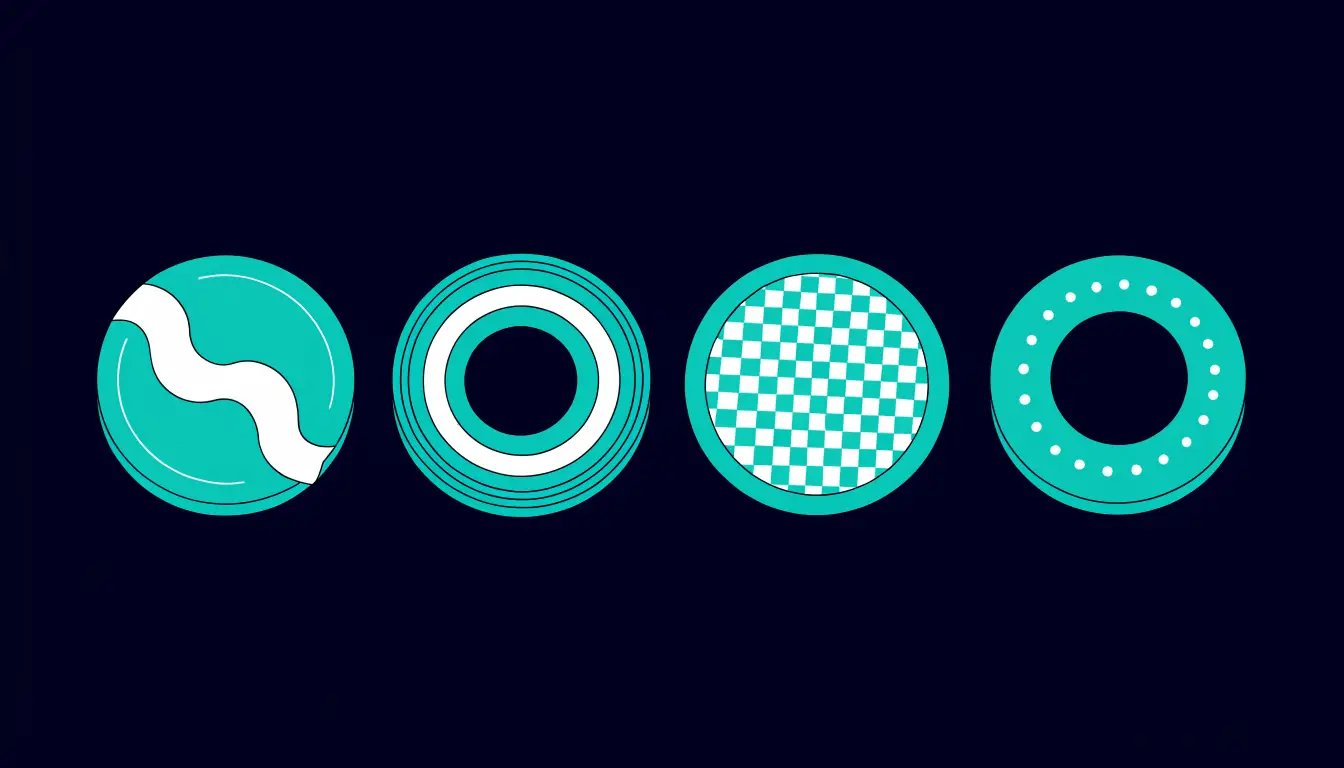 The main types of cryptocurrency shown as four coins: a flagship coin, an altcoin, a stablecoin, and a utility token
