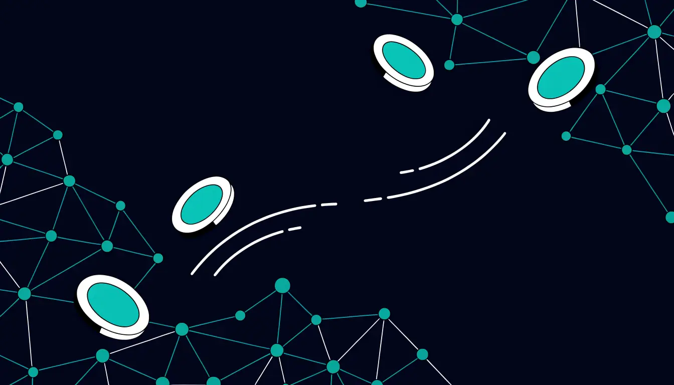 Illustration of cryptocurrency basics: digital coins, a wallet and a secure blockchain network.