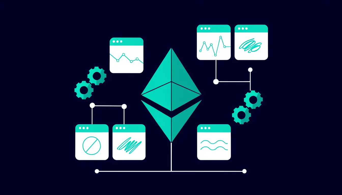 Ethereum explained: the Ethereum logo above a network of connected apps and smart contracts, powered by the coin ETH