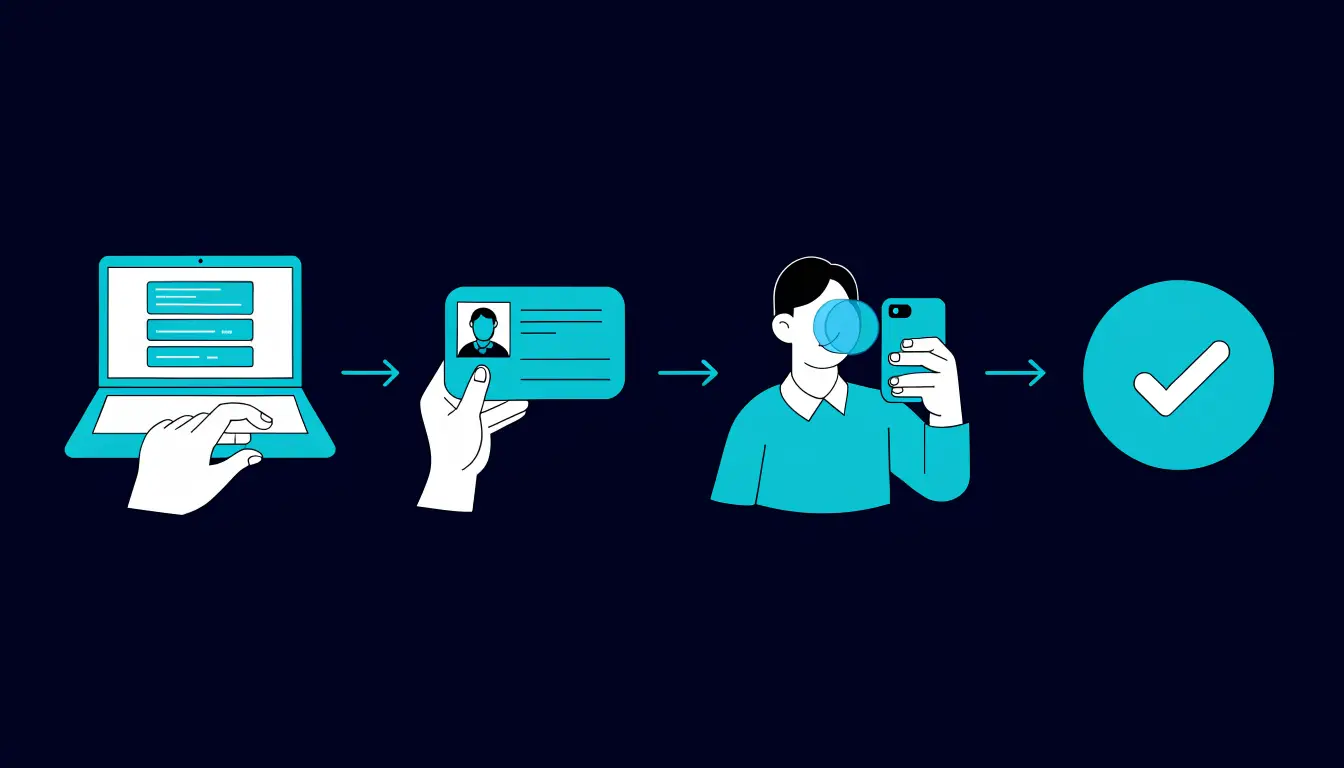 Step-by-step diagram of KYC verification: enter personal details, upload a government ID, take a selfie, and get approved