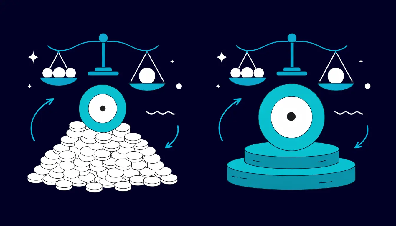 A low-priced coin with a huge supply outweighing a high-priced coin with a small supply on a balance scale
