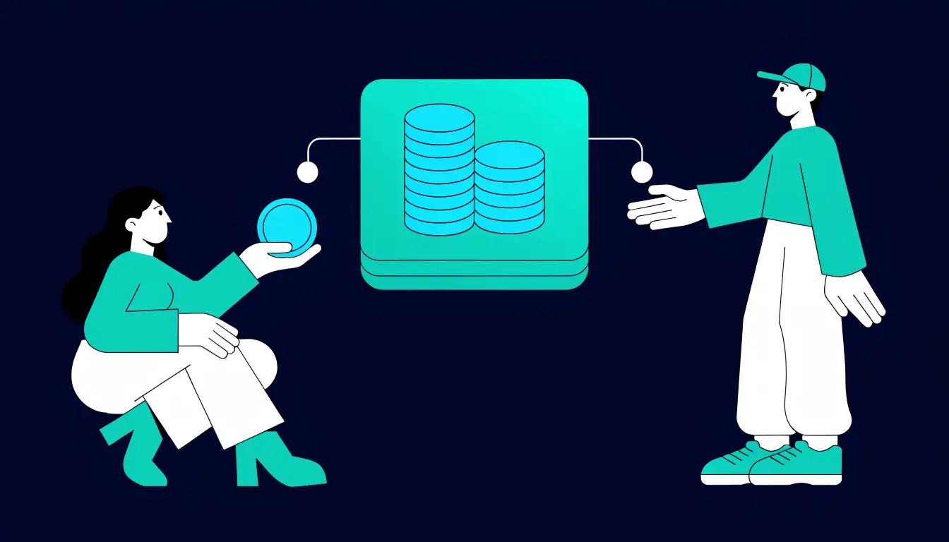 Two people trading crypto directly with each other while a platform escrow holds the coins safely in the middle