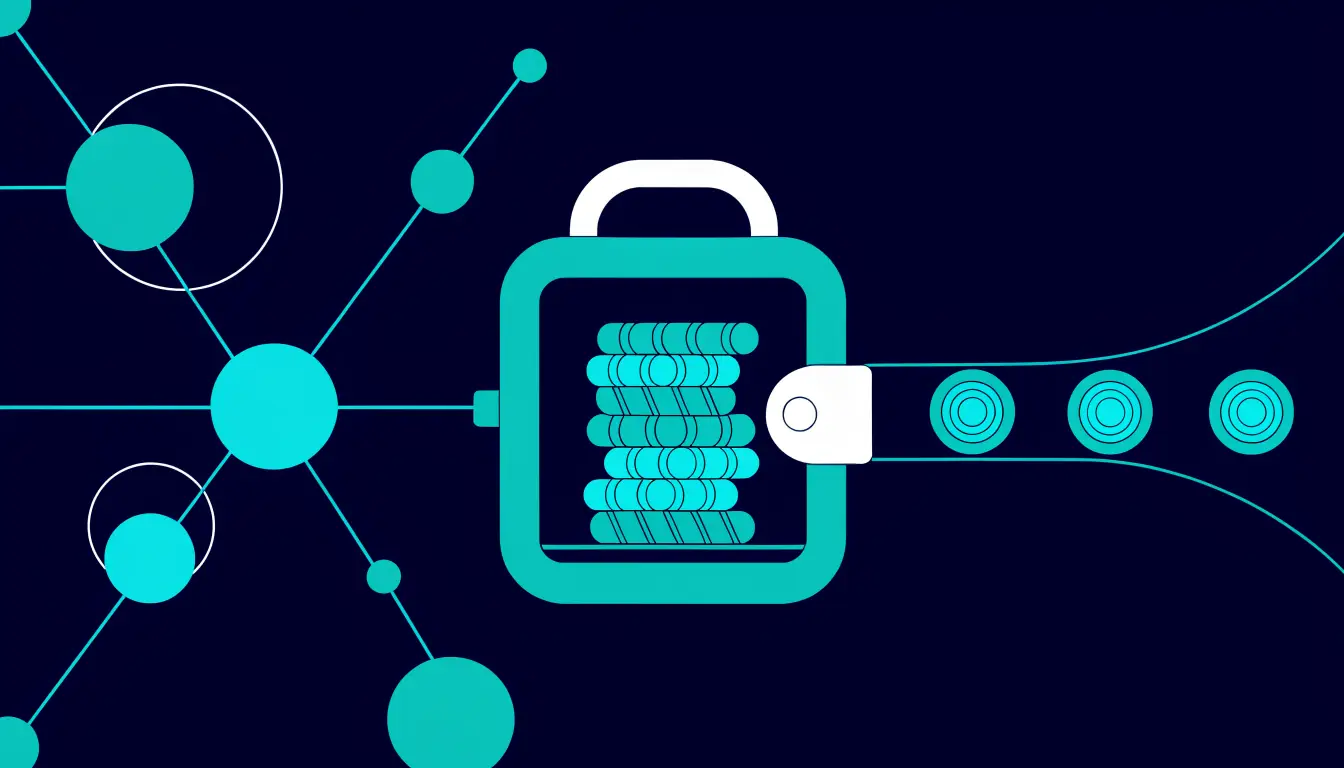 Crypto staking illustrated: coins locked in a vault helping to secure a proof-of-stake blockchain and earning reward coins